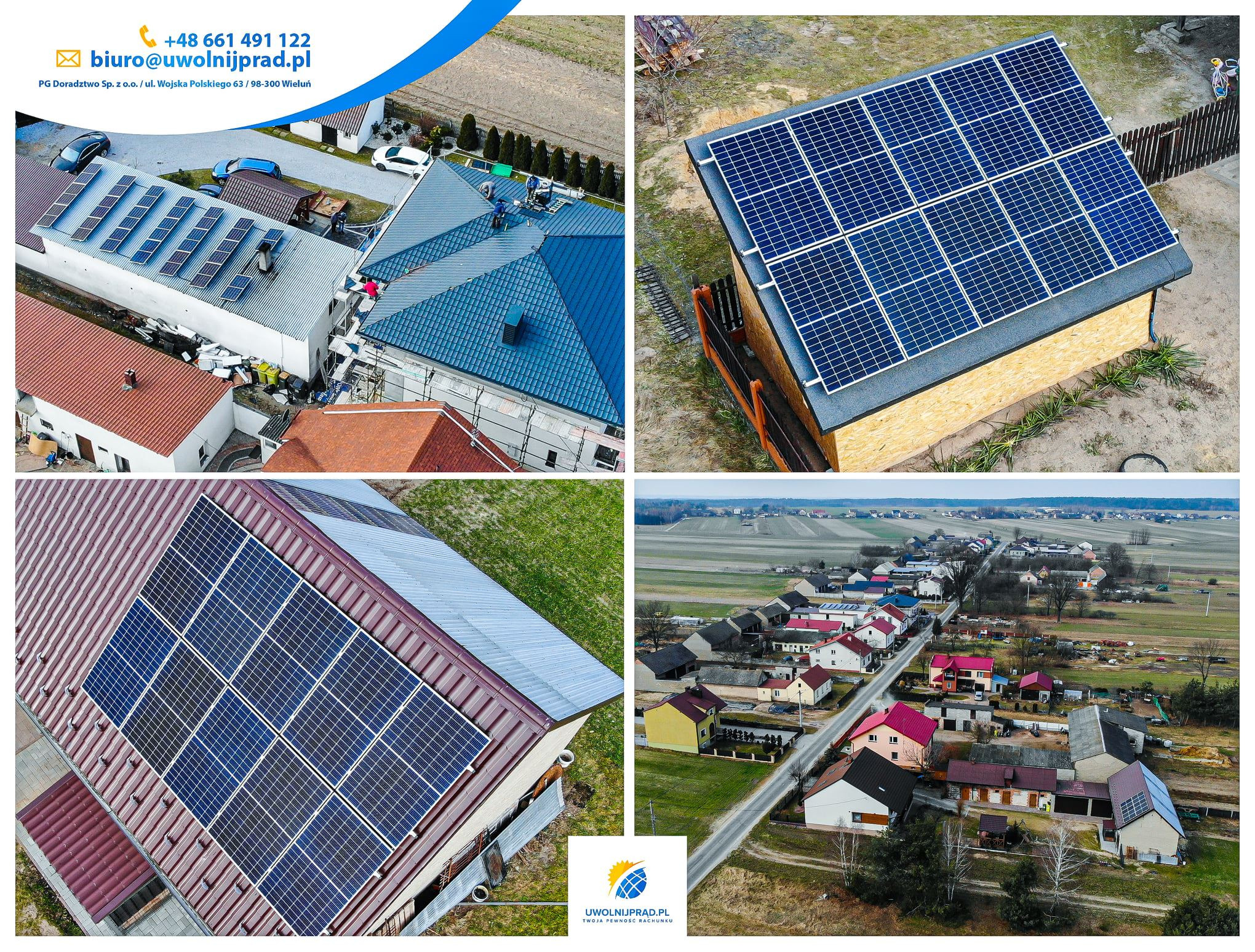 Montaż paneli fotowoltaicznych na różnych typach dachów, widok z góry na instalacje na dachach domów jednorodzinnych i budynków gospodarczych, w tle panorama wiejskiego krajobrazu.