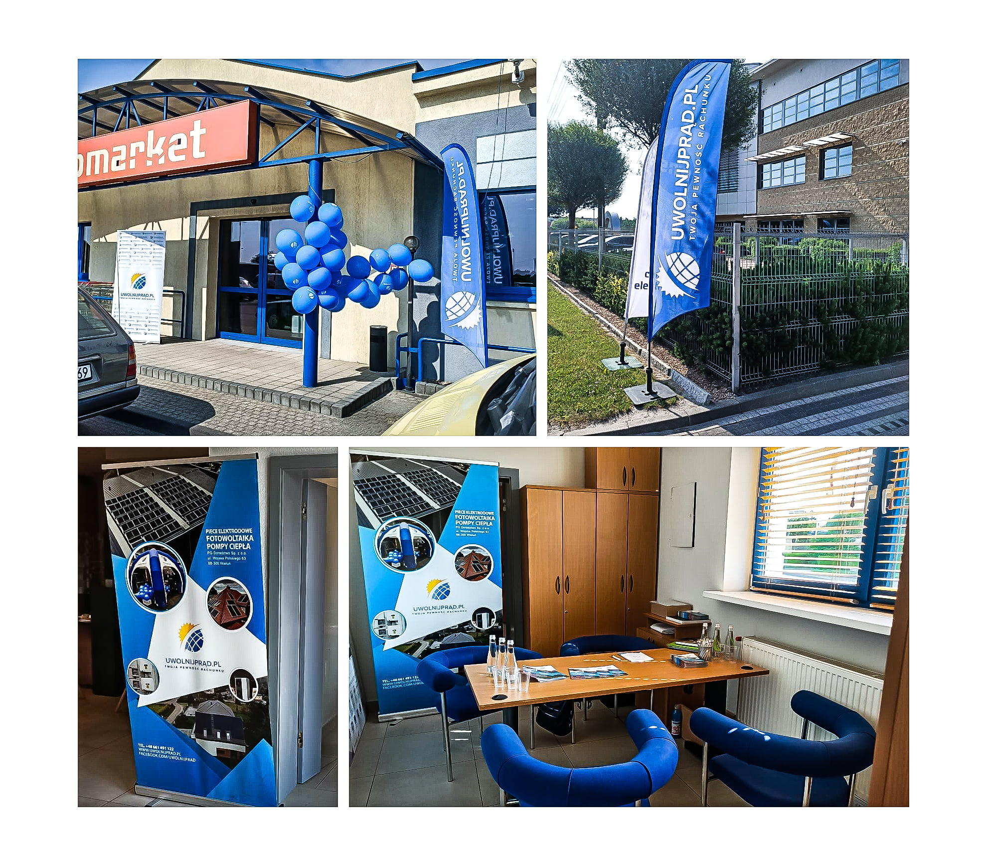 Wejście do siedziby firmy z niebieskimi balonami, flagami i roll-upami reklamującymi piece elektrodowe, fotowoltaikę i pompy ciepła.