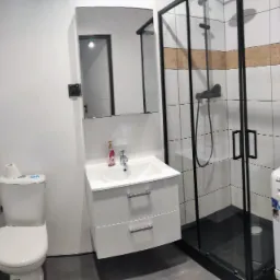 Nowoczesna łazienka z kabiną prysznicową typu walk-in z czarnymi ramami, białą umywalką z szafką, toaletą z papierem toaletowym na zbiorniku i pralką. Ściany wykończone w bieli, a podłoga w szarości.