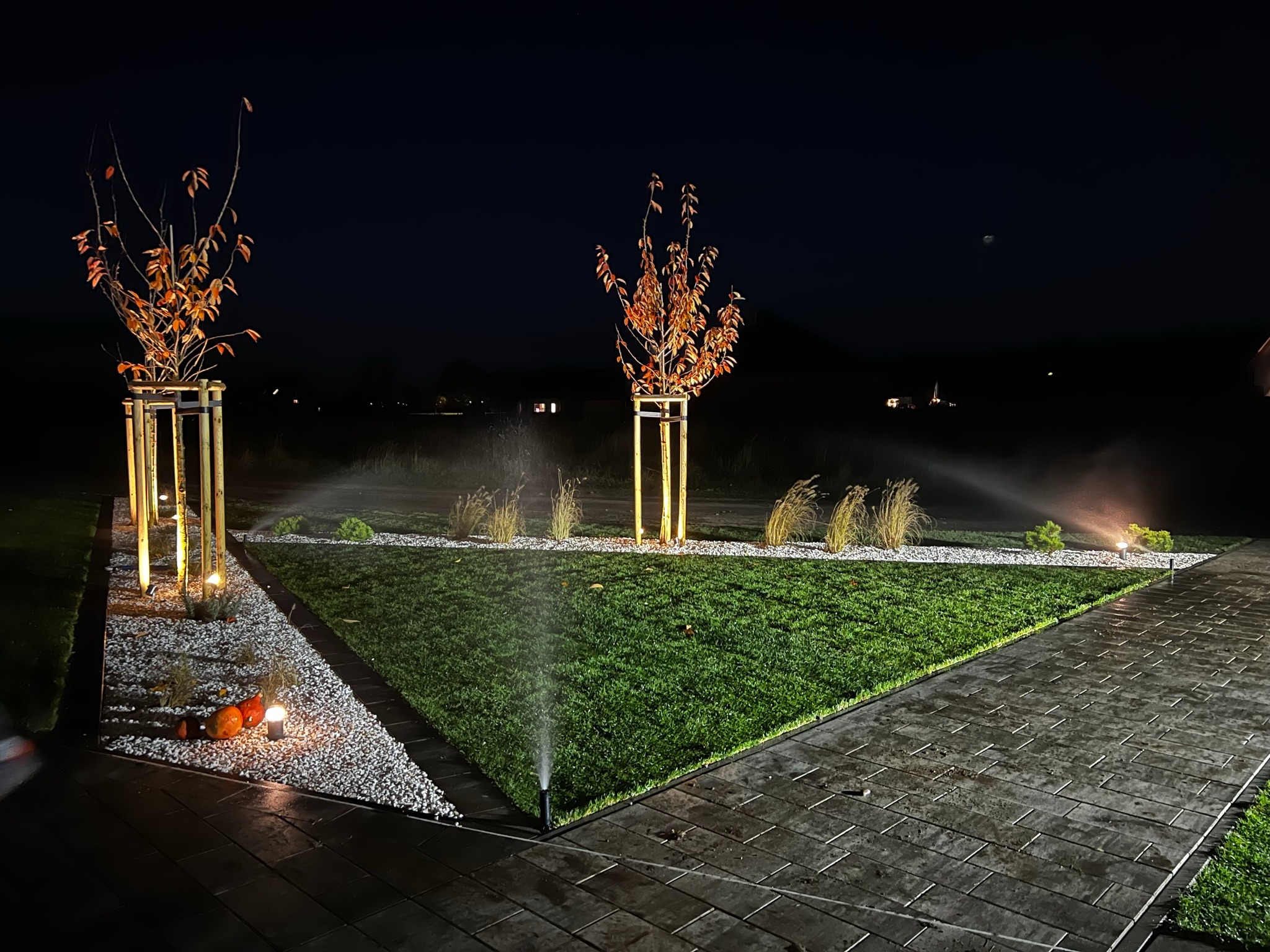 Ogród nocą z podświetlonymi drzewami w podporach, trawnikiem i systemem nawadniania. Ścieżka z kostki brukowej. Dekoracyjne oświetlenie i biały żwir.