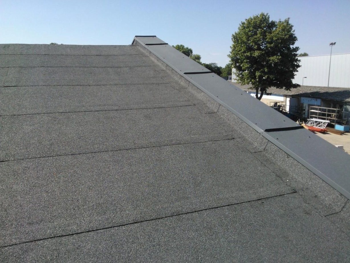 Dach pokryty papą termozgrzewalną z metalowym obrzeżem, widok z góry na ukośną powierzchnię, w tle drzewo i budynek przemysłowy.