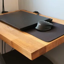 Przyścienny, dębowy blat biurka z widocznymi mocowaniami, na którym leży zamknięty laptop, myszka bezprzewodowa i podkładka pod mysz.