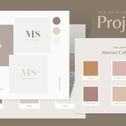 Przykładowe projekty graficzne z paletą kolorów Abstract Collection, prezentujące logo MS Architecture, fonty Belleza i London oraz odcienie Berry Nude, Nude i Ivory.