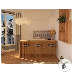 MartaGav Design - Wizualizacja kuchni z drewnianym blatem, trzema ażurowymi stołkami barowymi, heksagonalnymi płytkami nad blatem i widokiem na paryską architekturę za oknem.