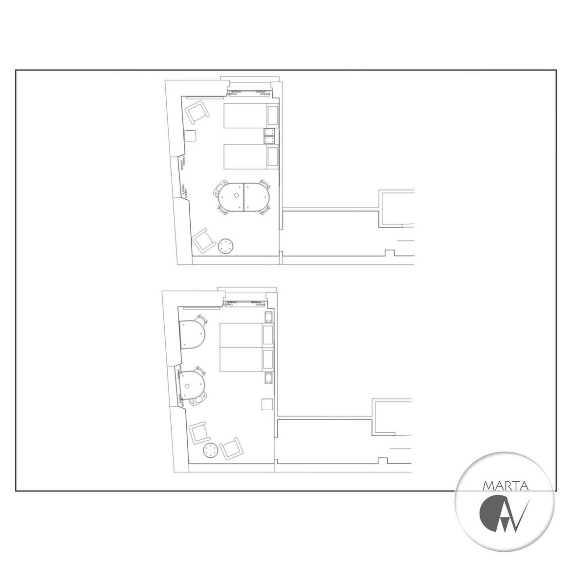 Rzut z góry na dwa warianty aranżacji wnętrza mieszkania z uwzględnieniem ustawienia mebli i wyposażenia, widoczny stół, krzesła, łóżko oraz logo projektanta w prawym dolnym rogu.