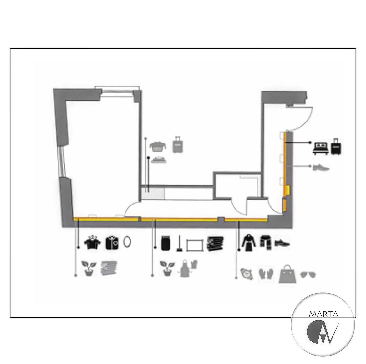 Schemat funkcjonalny mieszkania z naniesionymi ikonami wyposażenia i dekoracji, widok z góry, w dolnym rogu logo projektanta.