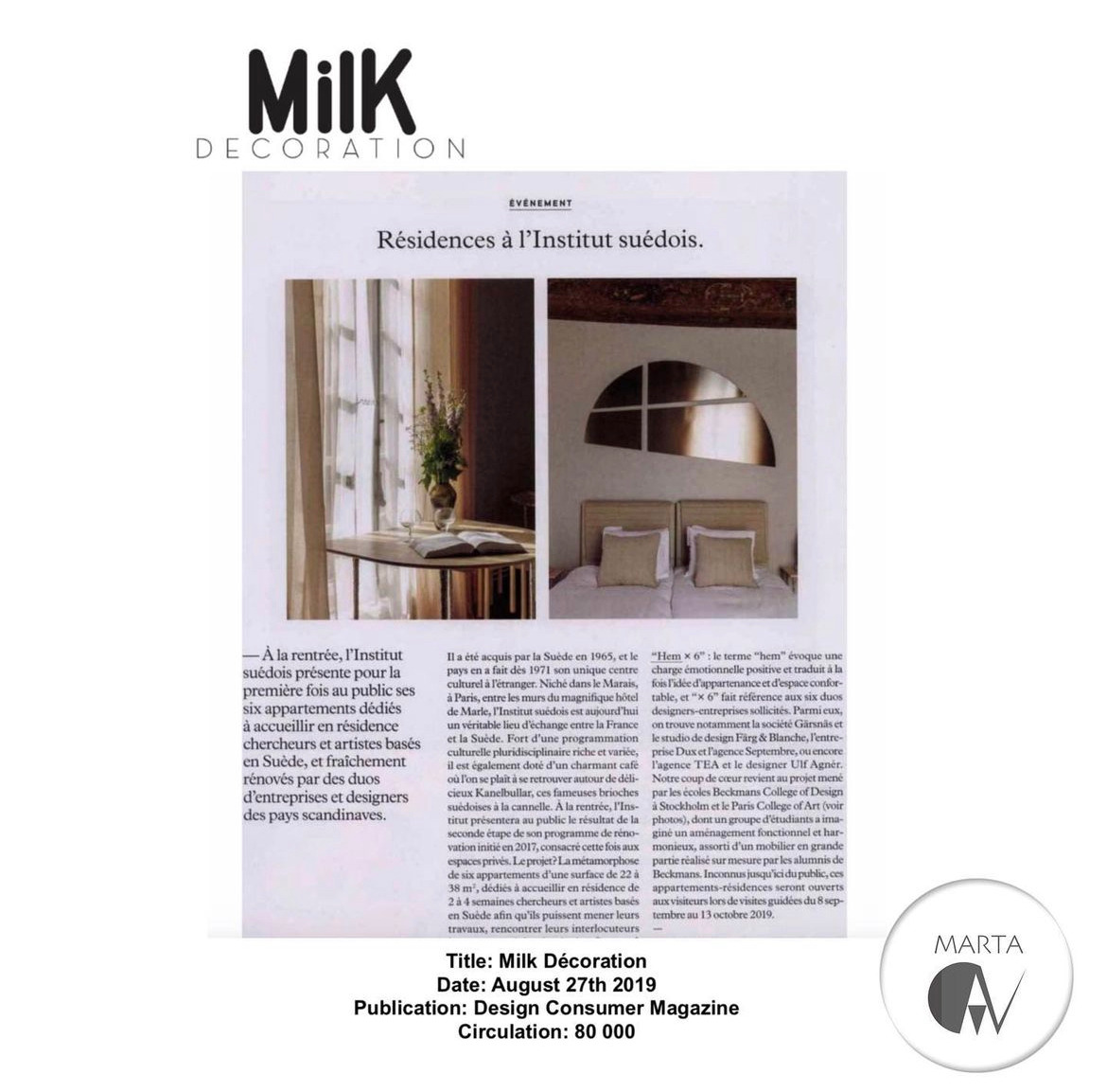 Artykuł z magazynu Milk Decoration prezentujący odnowione apartamenty w Institut suédois w Paryżu, z widoczną sypialnią z minimalistycznym wystrojem, łóżkiem z jasnego drewna i lustrem w kształcie...