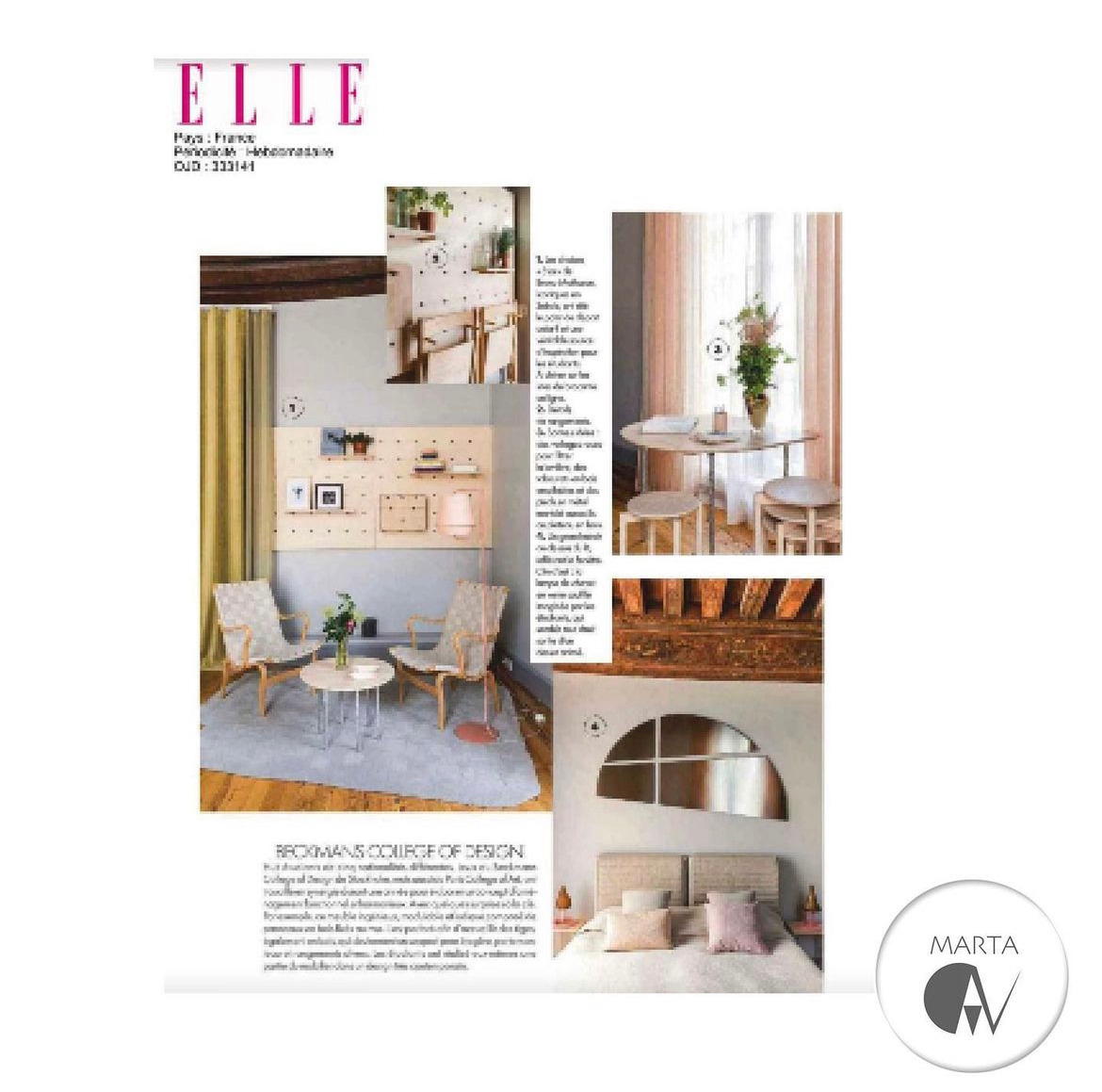 Skan strony z magazynu Elle prezentujący inspiracje aranżacyjne: salon z dywanem, dwoma krzesłami i stolikiem kawowym na tle ściany z półkami, jadalnia z okrągłym stołem i krzesłami oraz sypialnia...