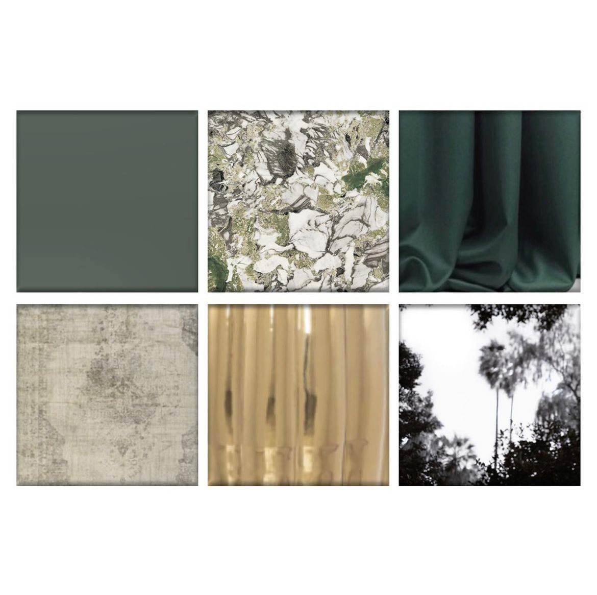 Zestawienie sześciu próbek materiałów wykończeniowych: ciemnozielona płyta, marmur z zielonymi żyłkami, drapowana ciemnozielona tkanina, szara płyta z efektem betonu, złote żaluzje pionowe...