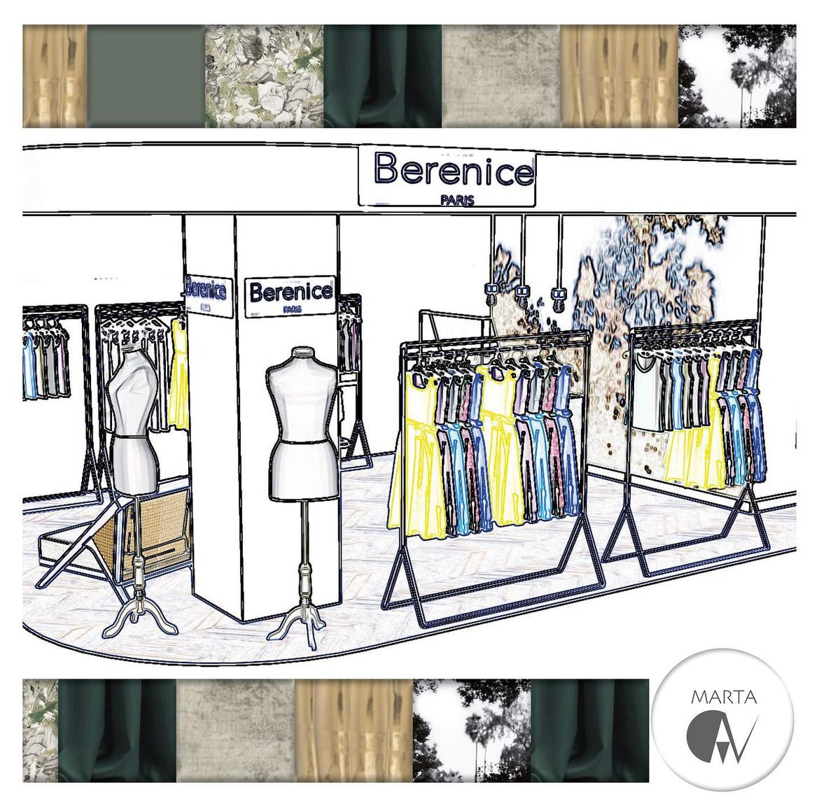 Szkic koncepcyjny butiku odzieżowego Berenice Paris, prezentujący rozmieszczenie wieszaków z ubraniami, manekinów oraz aranżację przestrzeni z uwzględnieniem kolorystyki i materiałów wykończeniowych.
