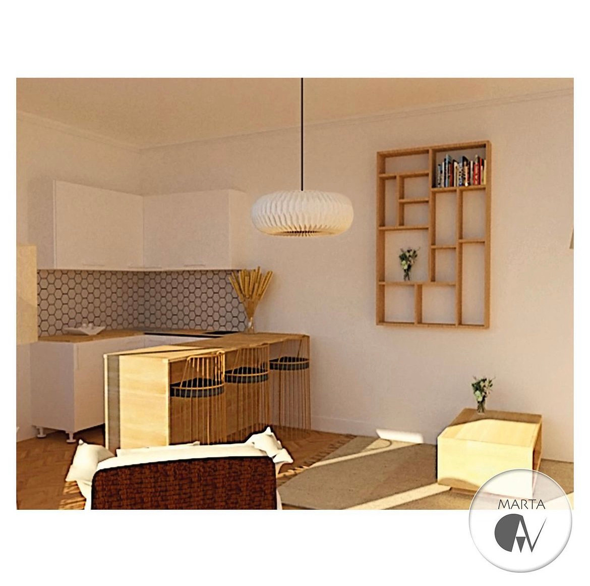 Wizualizacja nowoczesnej kuchni z wyspą i hokerami z drewnianymi szczebelkami, dekoracyjną lampą wiszącą, geometrycznym regałem na ścianie i heksagonalnymi płytkami nad blatem.