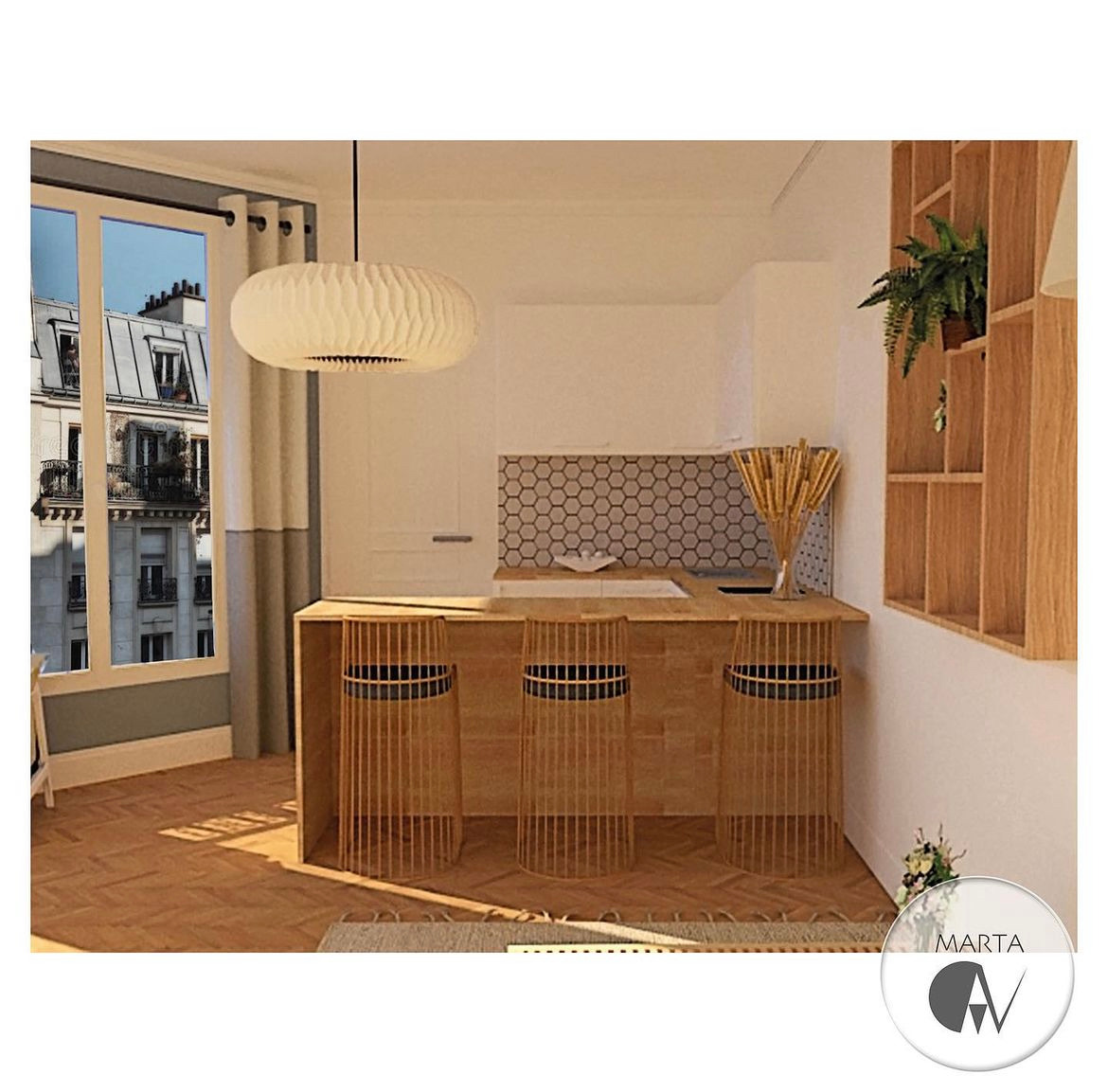 Wizualizacja kuchni z drewnianym blatem, trzema ażurowymi stołkami barowymi, heksagonalnymi płytkami nad blatem i widokiem na paryską architekturę za oknem.