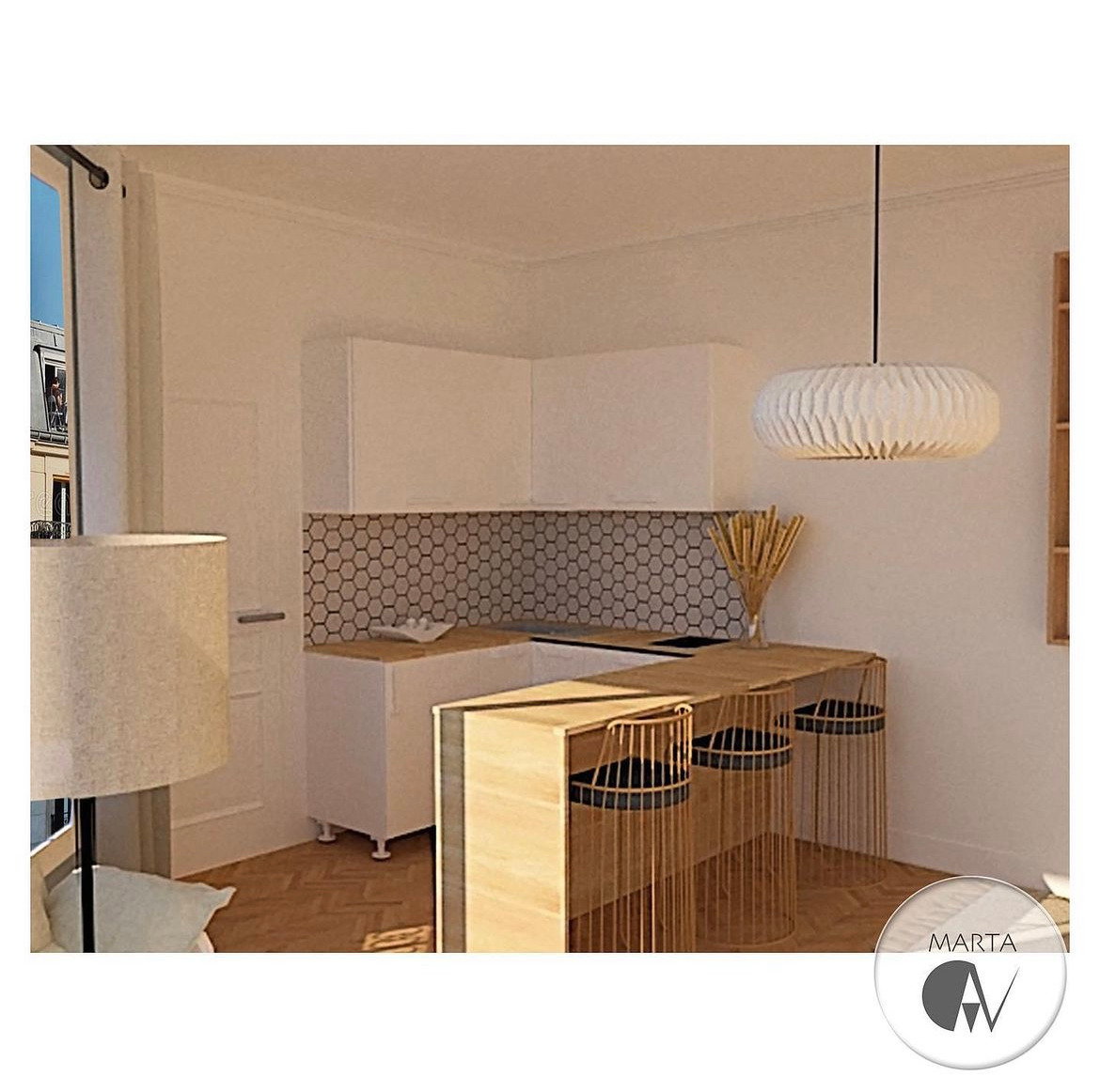 Wizualizacja kuchni z wyspą barową i hokerami z metalowymi prętami, białe szafki z heksagonalnymi płytkami na ścianie, lampa wisząca z papieru, widok z okna na budynki.