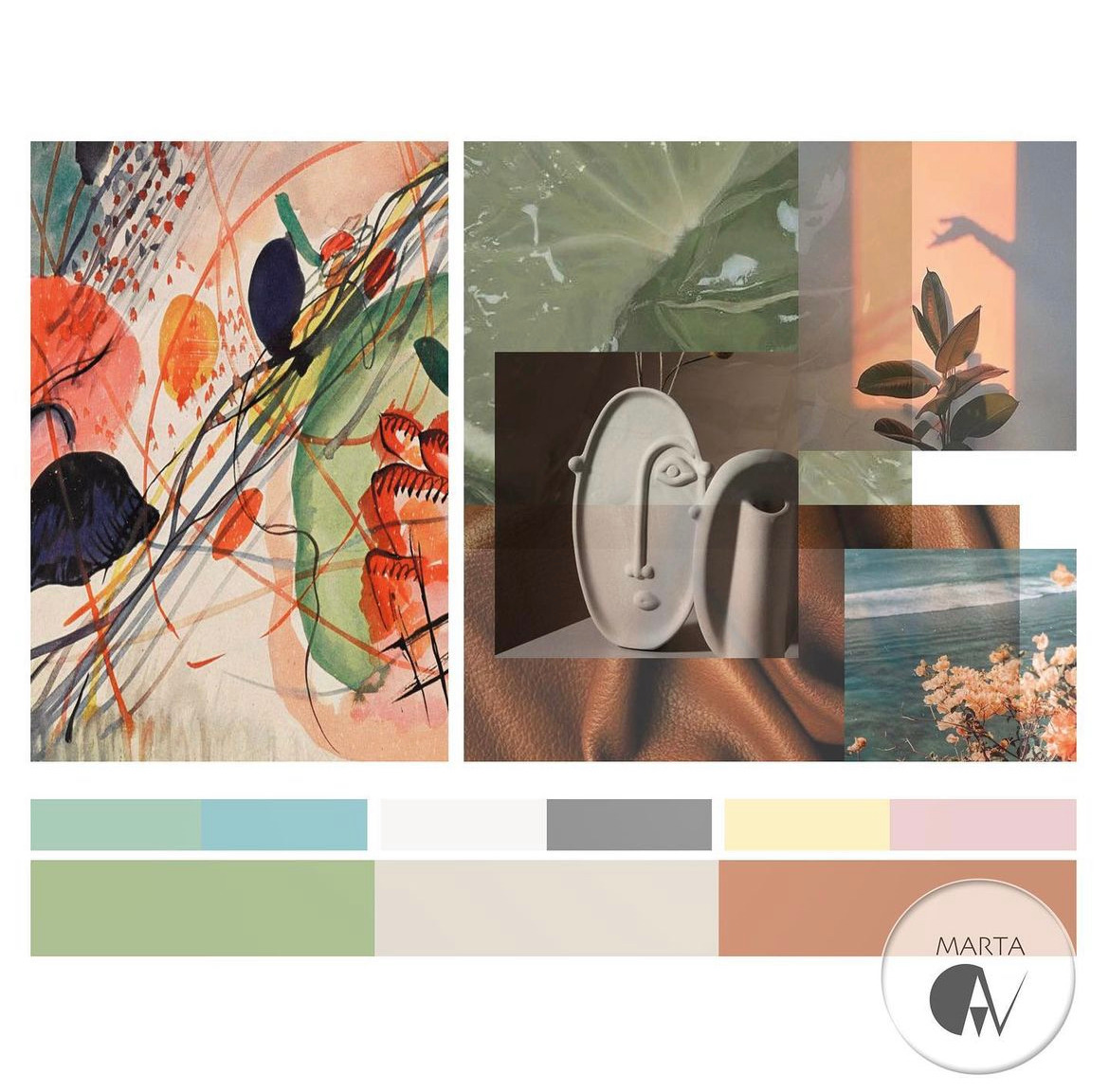 Moodboard z inspiracjami do projektu wnętrza w Warszawie: abstrakcyjna akwarela, ceramiczne wazony z motywem twarzy, tropikalna roślina w promieniach słońca, fragment morza z kwiatami i paleta...