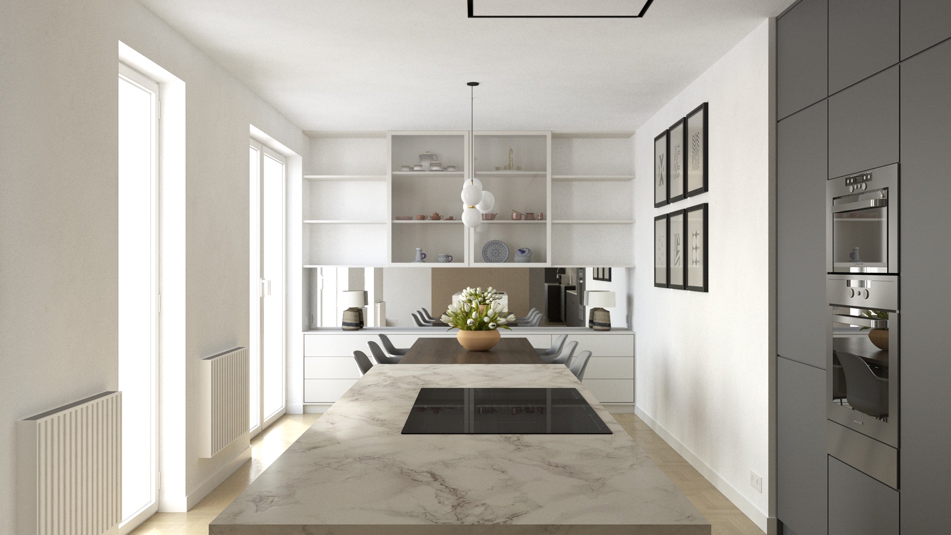 Jasna kuchnia z wyspą wykończoną marmurem, szarymi szafkami i białymi półkami, stół z szarymi krzesłami i kwiatami w wazonie, nowoczesne obrazy na ścianie.