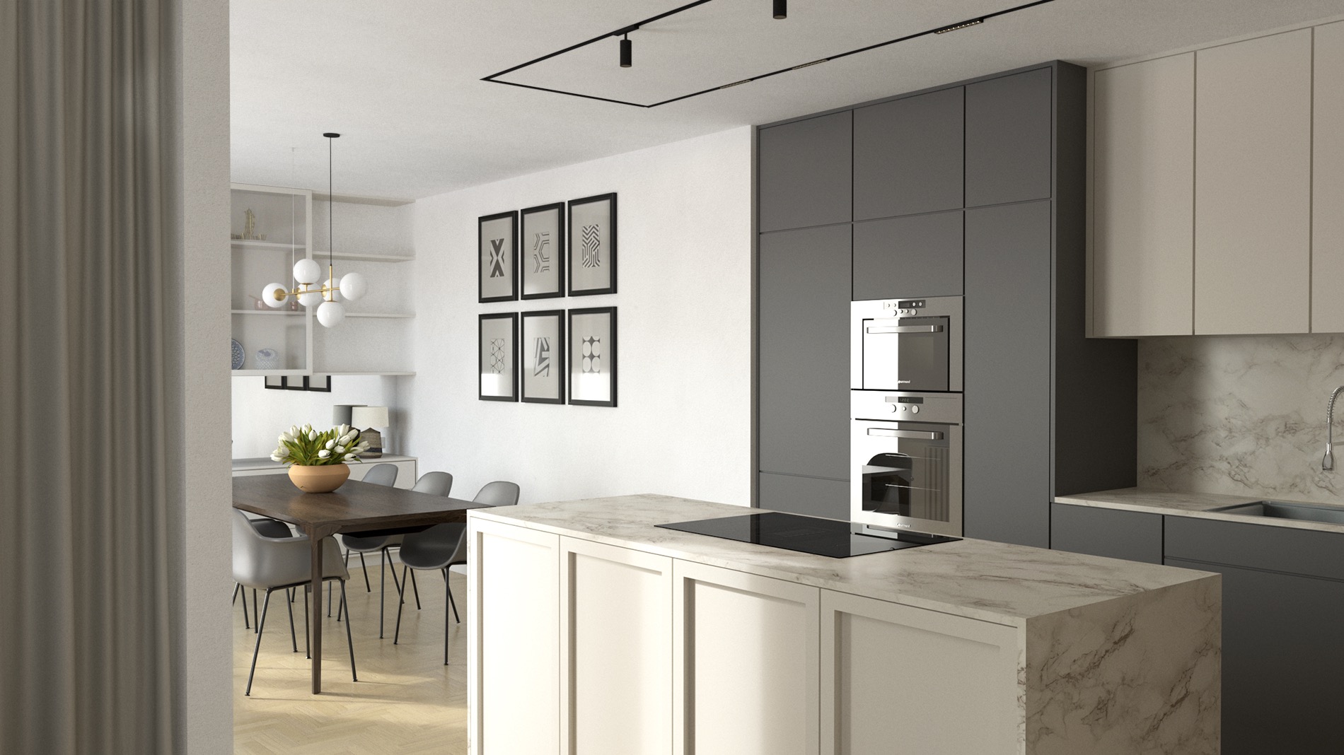 Nowoczesna kuchnia z wyspą, szare i białe szafki, marmurowy blat, płyta indukcyjna, piekarnik w zabudowie, stół z krzesłami w tle, minimalistyczne grafiki na ścianie.