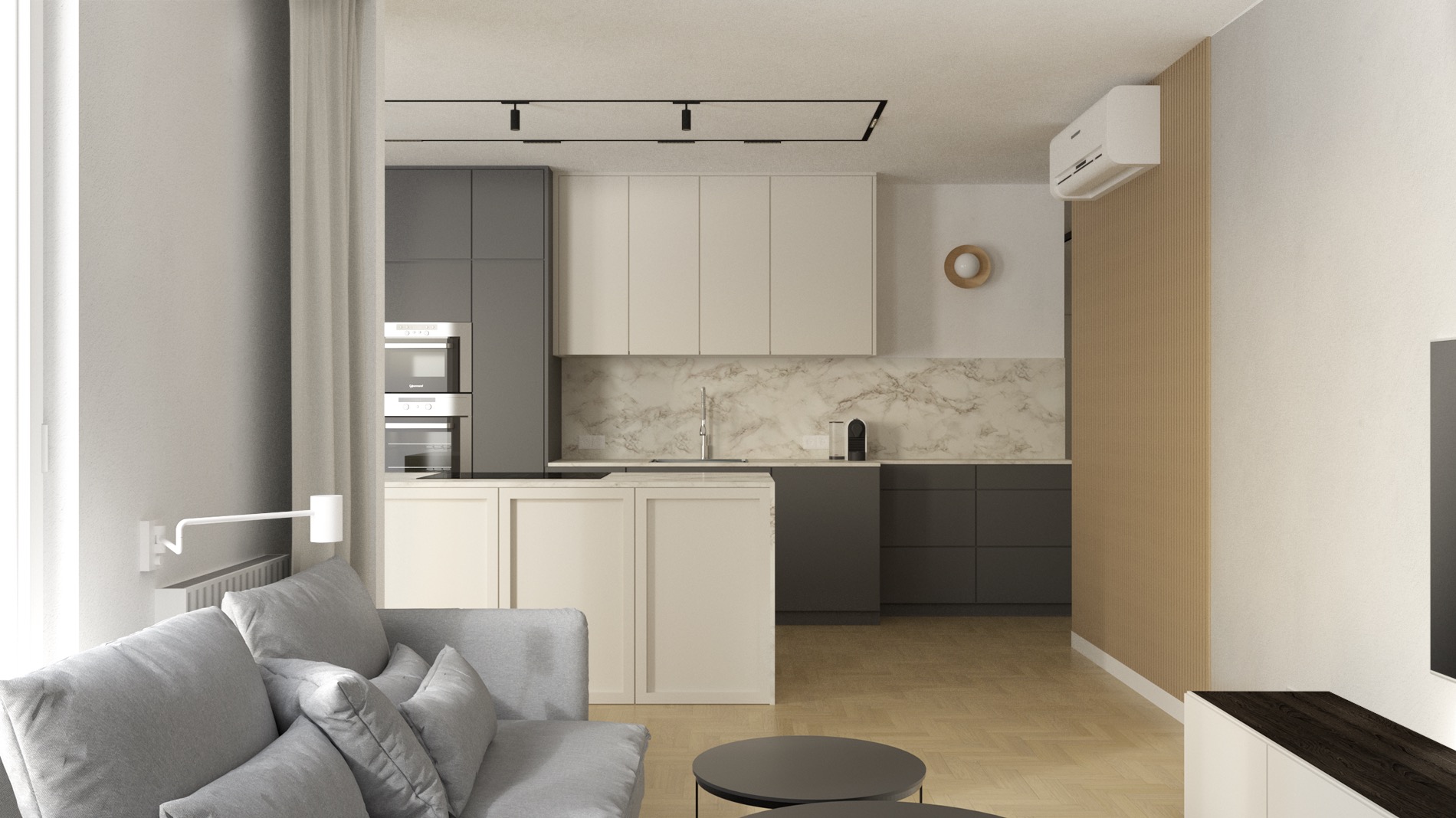 Nowoczesne wnętrze mieszkania z otwartą kuchnią w odcieniach szarości i beżu, z szarą sofą i okrągłymi stolikami kawowymi na pierwszym planie.