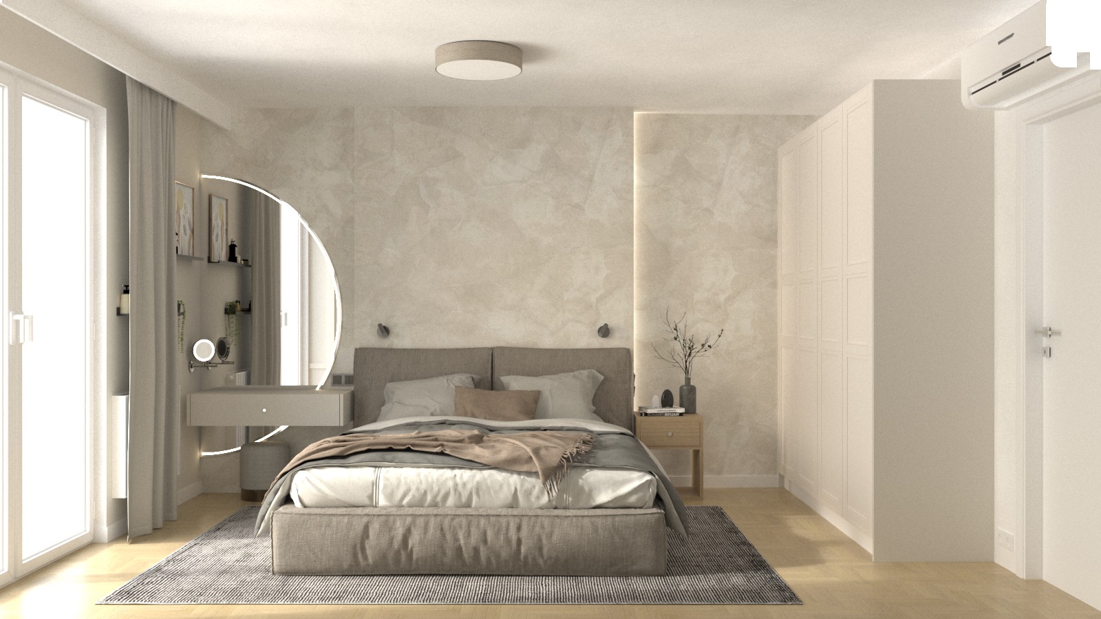 Jasna sypialnia z łóżkiem kontynentalnym, toaletką z okrągłym podświetlanym lustrem, szafą w zabudowie i ścianą z efektem dekoracyjnym.