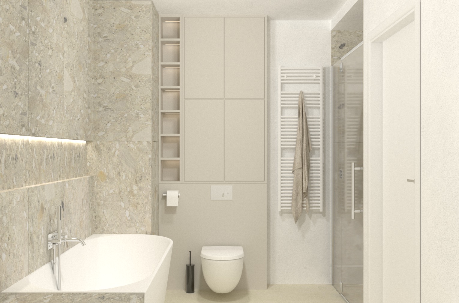 Nowoczesna łazienka w beżowych tonacjach z wanną obłożoną kamieniem, podświetleniem LED, zabudową meblową z półkami i grzejnikiem drabinkowym z ręcznikiem.