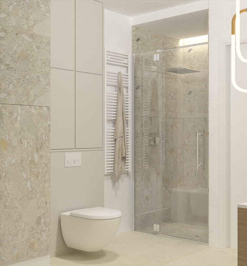 Nowoczesna łazienka z beżowymi płytkami imitującymi kamień, wiszącą toaletą, grzejnikiem drabinkowym z ręcznikiem i kabiną prysznicową ze szklanymi drzwiami.