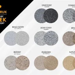Paleta kolorów naturalnego piasku dekoracyjnego Sandbruk, prezentująca odcienie grafitowy, ciemny szary, biało-szary, jasny szary, brązowy, beżowy, piaskowy i naturalny, z podaną granulacją.