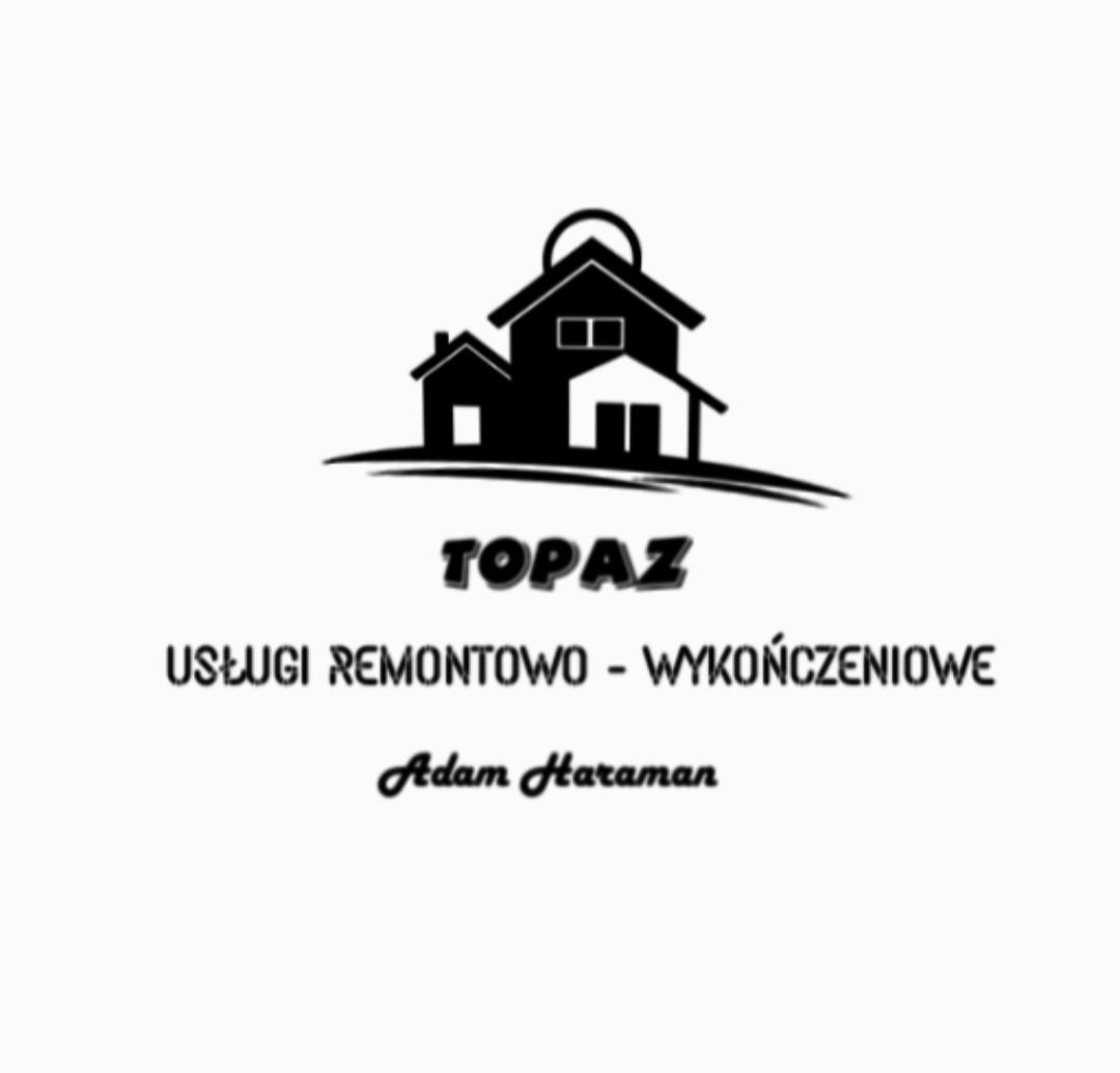 Logo firmy Topaz Usługi Remontowo-Wykończeniowe Adam Haraman z sylwetką domu w czerni.