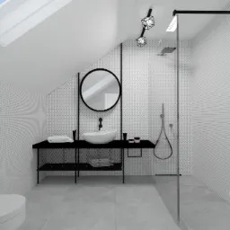 Nowoczesna łazienka na poddaszu z białą mozaiką heksagonalną, czarnymi akcentami w postaci ramy lustra, konsoli umywalkowej i kabiny prysznicowej typu walk-in oraz okrągłą umywalką nablatową.