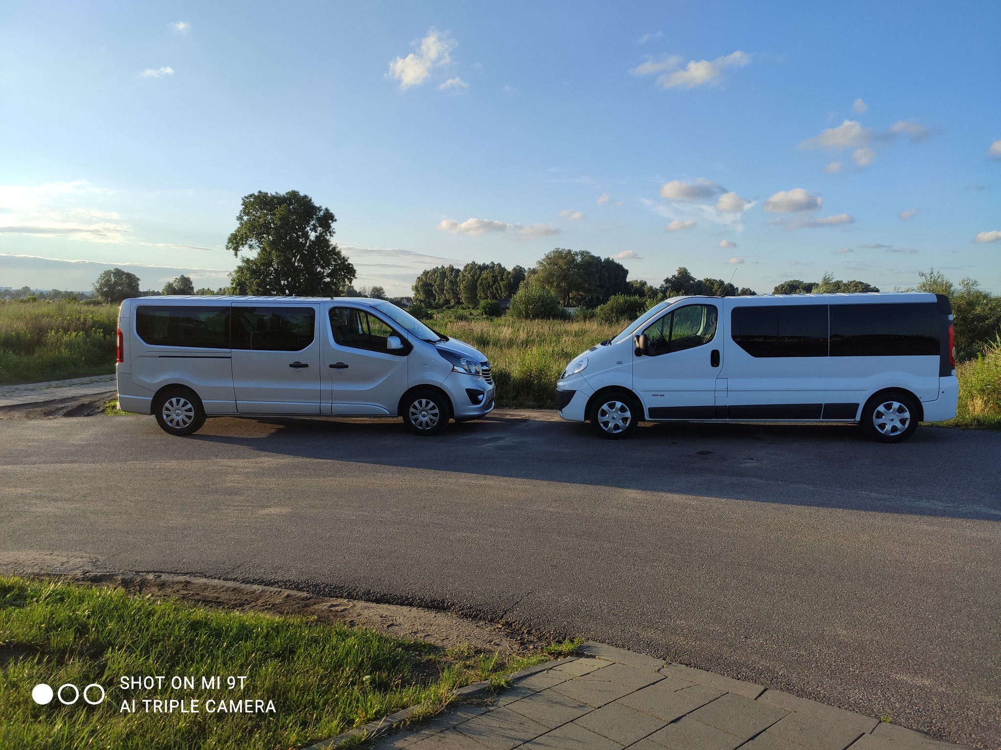 Dwa busy, srebrny Opel Vivaro i biały Renault Trafic, stoją zaparkowane na asfalcie z widokiem na łąkę i drzewa pod błękitnym niebem z chmurami.