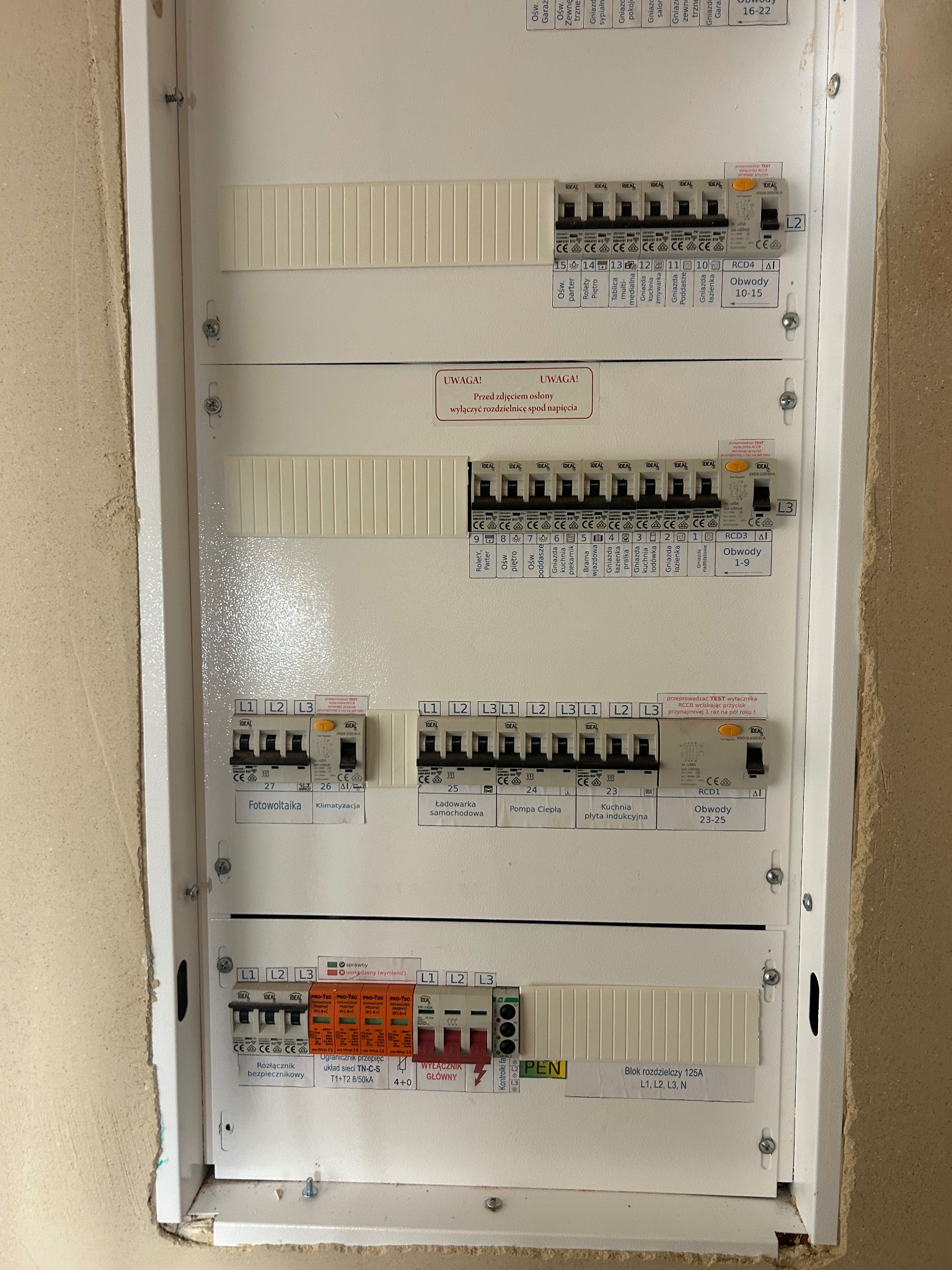 Rozdzielnica elektryczna z bezpiecznikami, opisana obwodami: fotowoltaika, klimatyzacja, pompa ciepła, płyta indukcyjna. Widoczne oznaczenia faz L1, L2, L3.