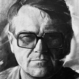 StudioPortretu - Czarno-biały portret mężczyzny w okularach, wykonany techniką rysunku ołówkiem z widoczną fakturą papieru.