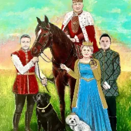 Obraz przedstawia rodzinę w strojach historycznych, z królem na koniu, królową i dwoma synami, oraz dwoma psami, namalowany w stylu realistycznym.