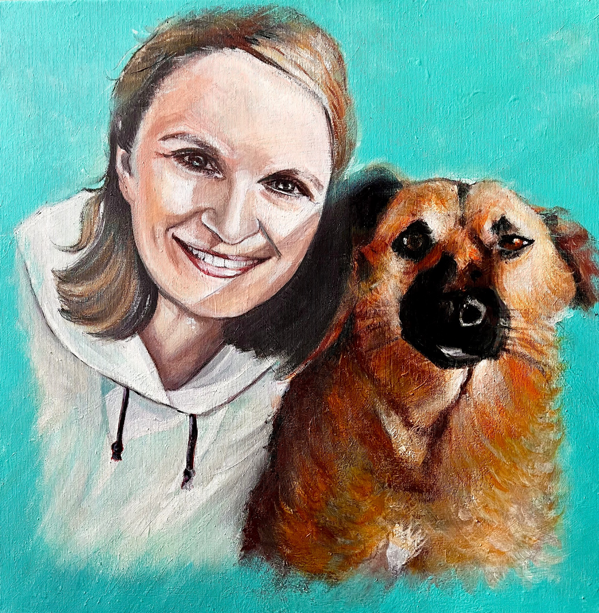 Portret olejny kobiety i psa na turkusowym tle, wykonany przez artystę z Kalisza, widoczne pociągnięcia pędzla.