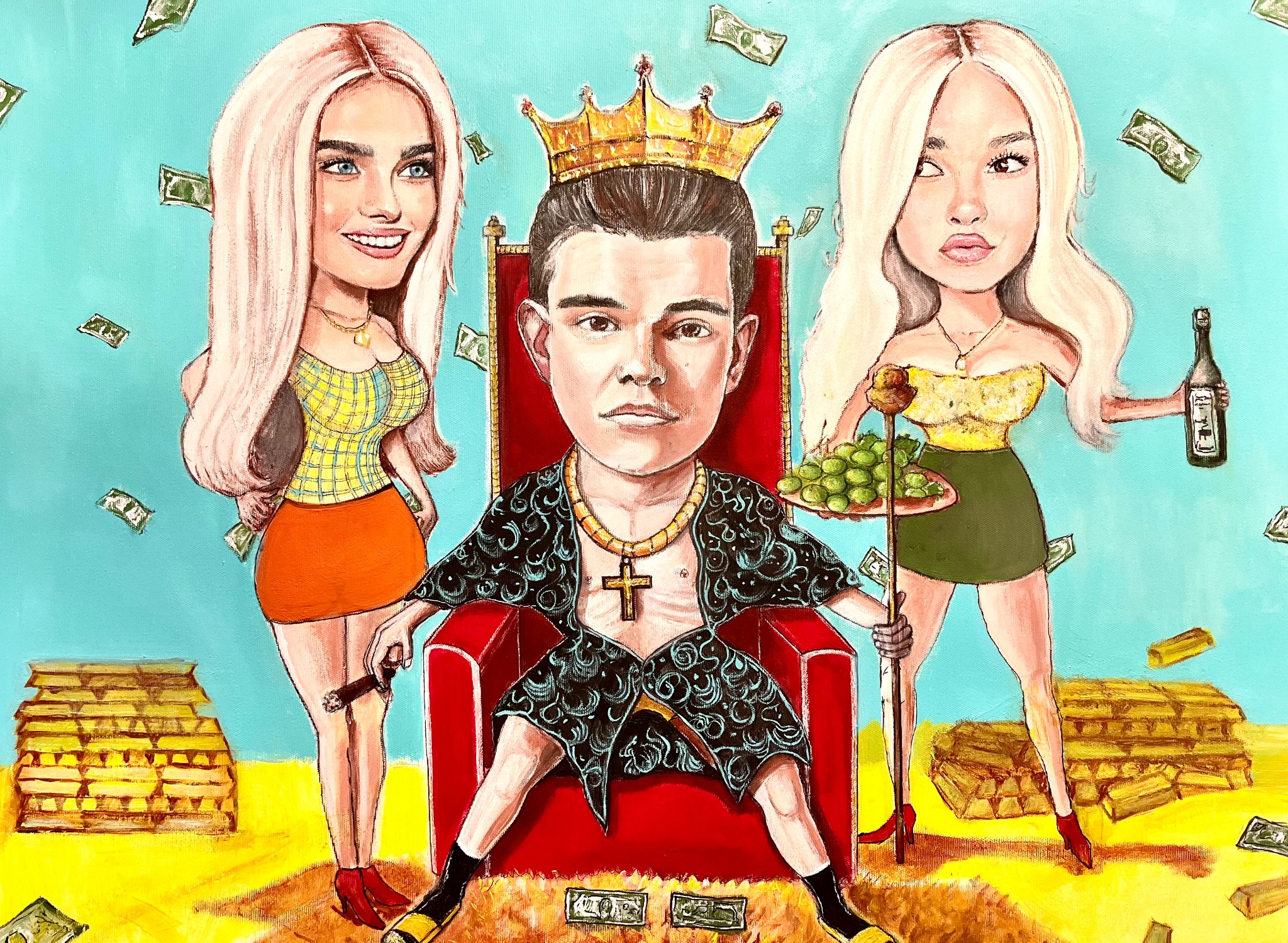 Karykaturalny portret mężczyzny w koronie siedzącego na czerwonym tronie, otoczonego przez dwie kobiety, sztabki złota i spadające banknoty; stylizowane malarstwo olejne na płótnie.