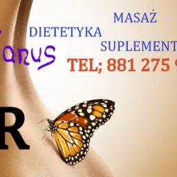 Grafika reklamowa z motywem kobiecego ciała, motyla, napisem 'Sanus' oraz informacjami o diecie, suplementacji i masażu oraz numerem telefonu.