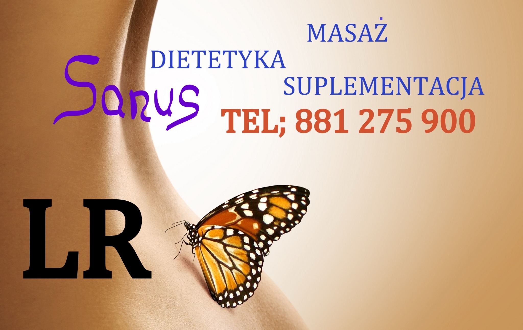 Grafika reklamowa z motywem kobiecego ciała, motyla, napisem 'Sanus' oraz informacjami o diecie, suplementacji i masażu oraz numerem telefonu.