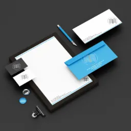 Komplet materiałów firmowych: wizytówki, papier firmowy, koperty z logo Miejskiej Biblioteki Publicznej w Kołobrzegu, ułożone na ciemnym tle z niebieskim nożykiem introligatorskim i metalowymi...