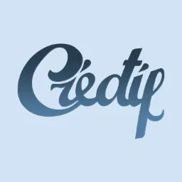 Elegancki, kaligraficzny napis 'Credif' w odcieniach granatu z delikatnym gradientem na jasnoniebieskim tle.