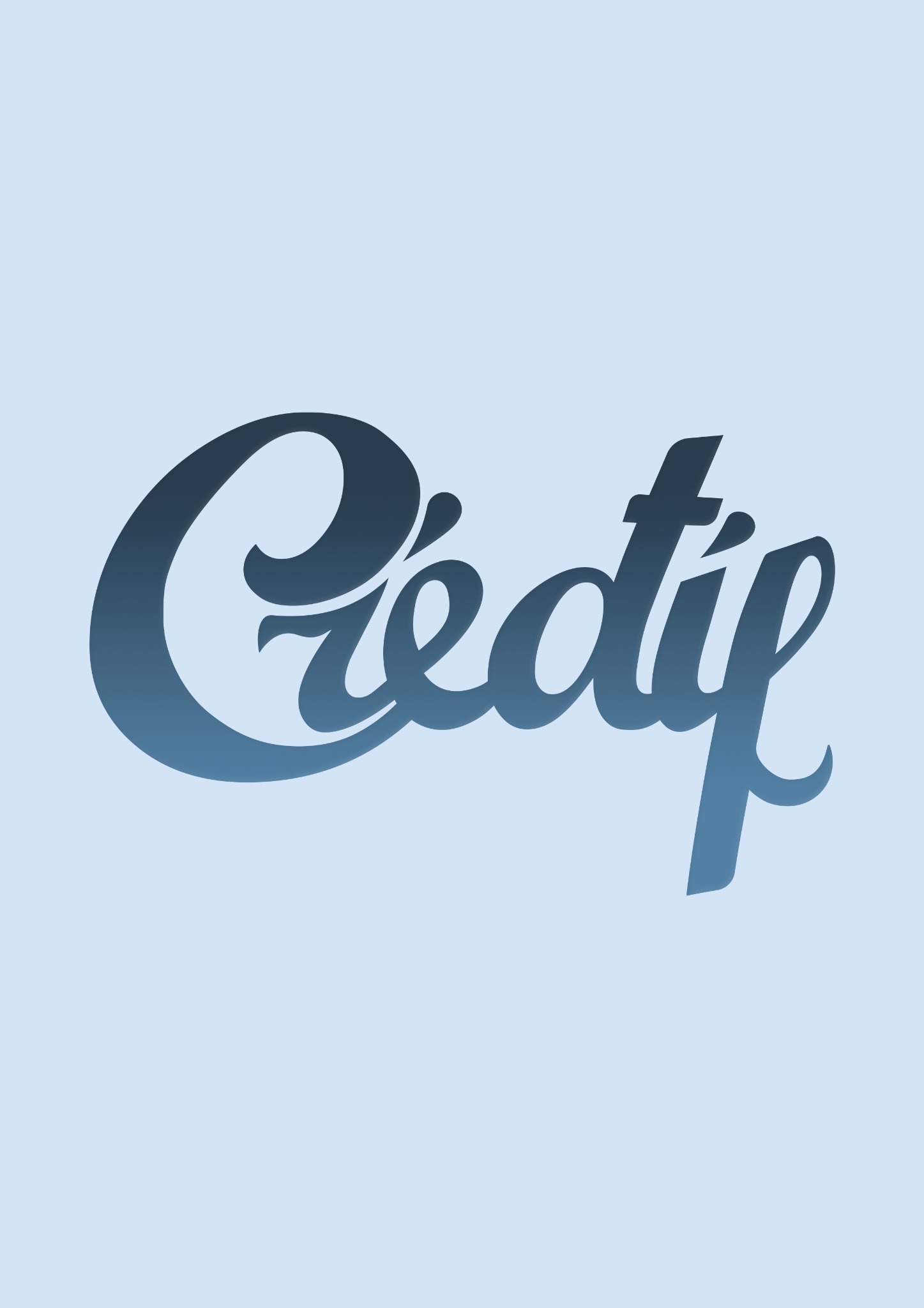 Elegancki, kaligraficzny napis 'Credif' w odcieniach granatu z delikatnym gradientem na jasnoniebieskim tle.