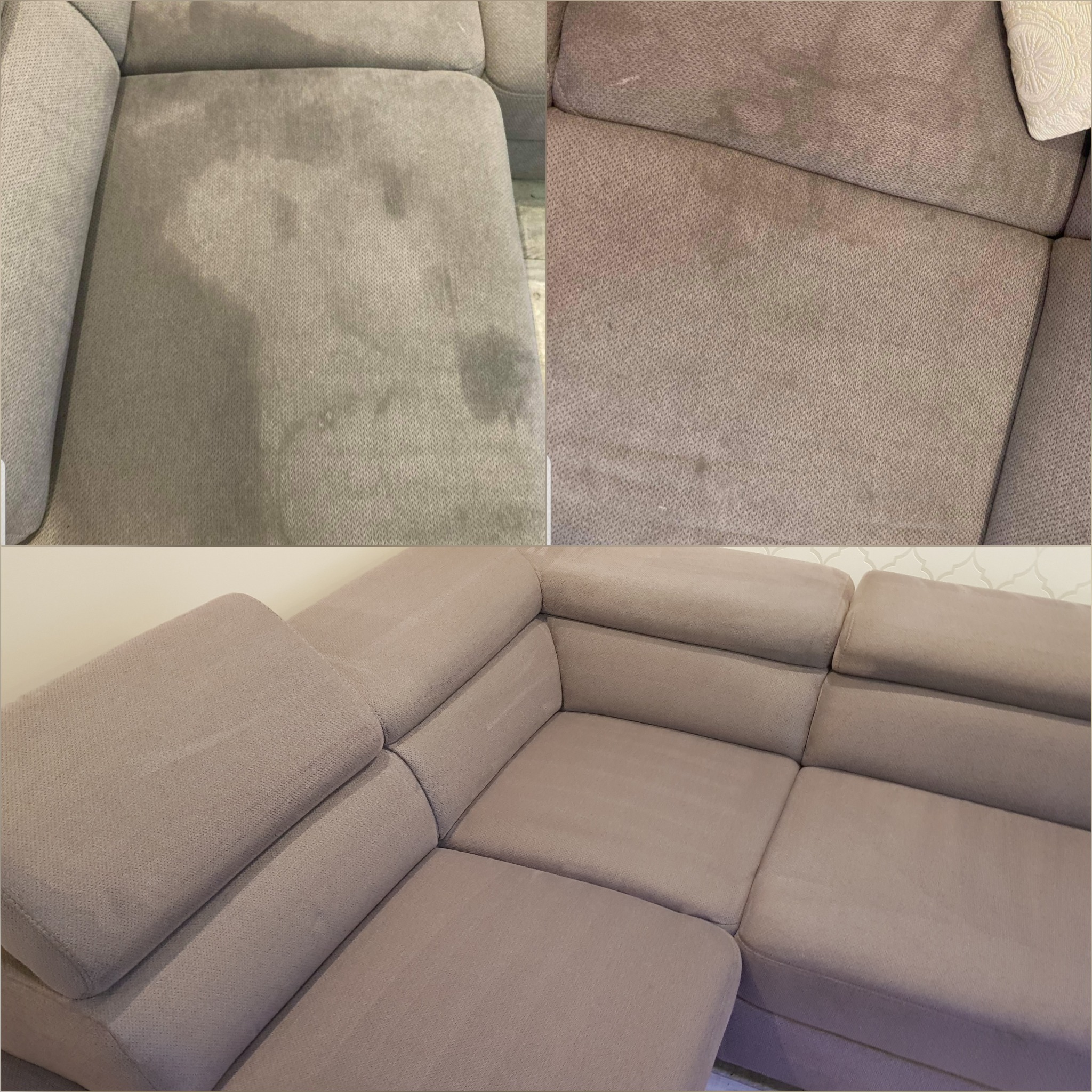 Porównanie: fragment sofy z widocznymi plamami przed czyszczeniem (u góry po lewej) i ten sam fragment po wyczyszczeniu (u góry po prawej), z widokiem całej sofy po procesie czyszczenia (na dole).