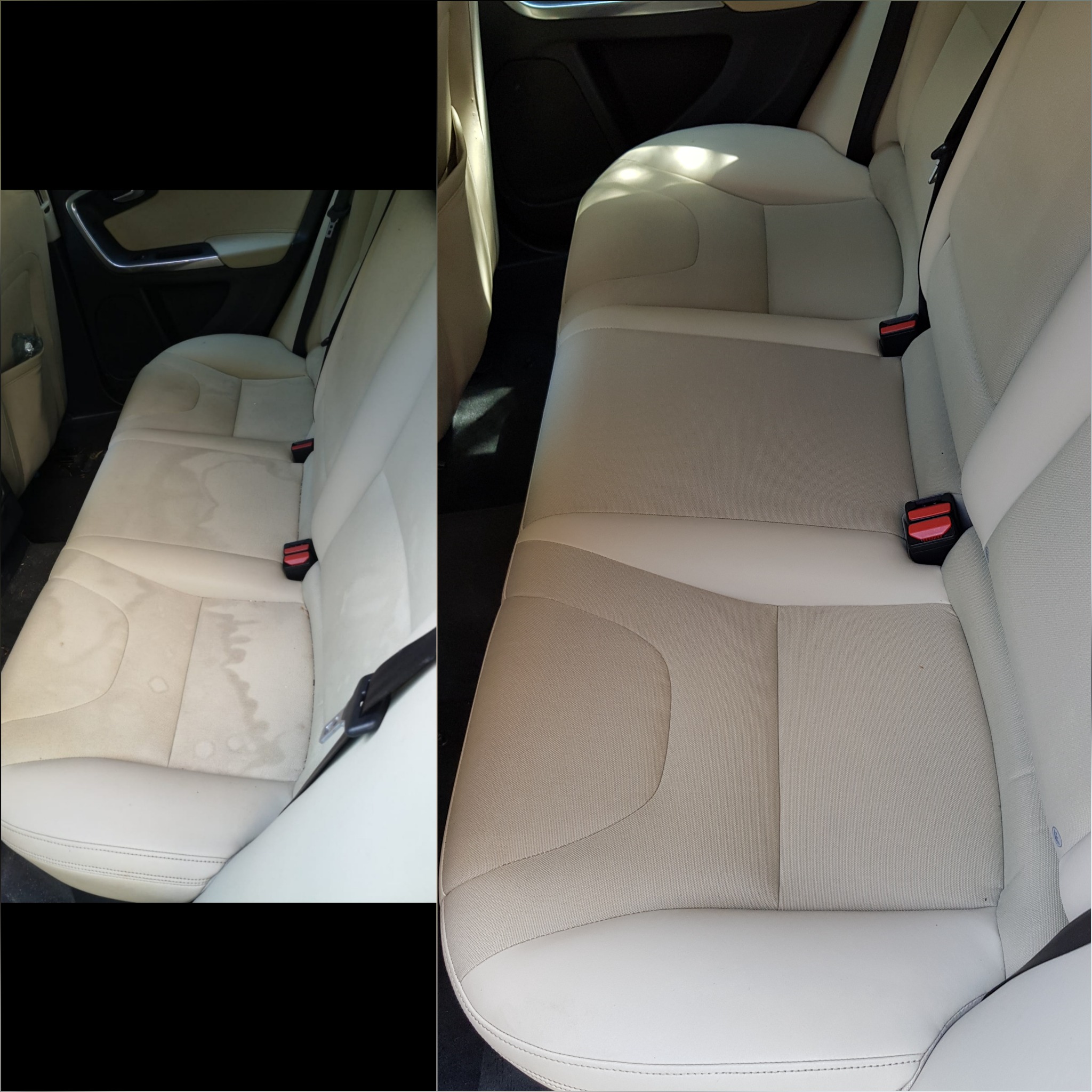 Dzielone ujęcie tylnej kanapy samochodowej: po lewej stronie widoczne plamy i zabrudzenia na jasnej tapicerce, po prawej ta sama kanapa po czyszczeniu, z odświeżonym wyglądem i jednolitym kolorem.
