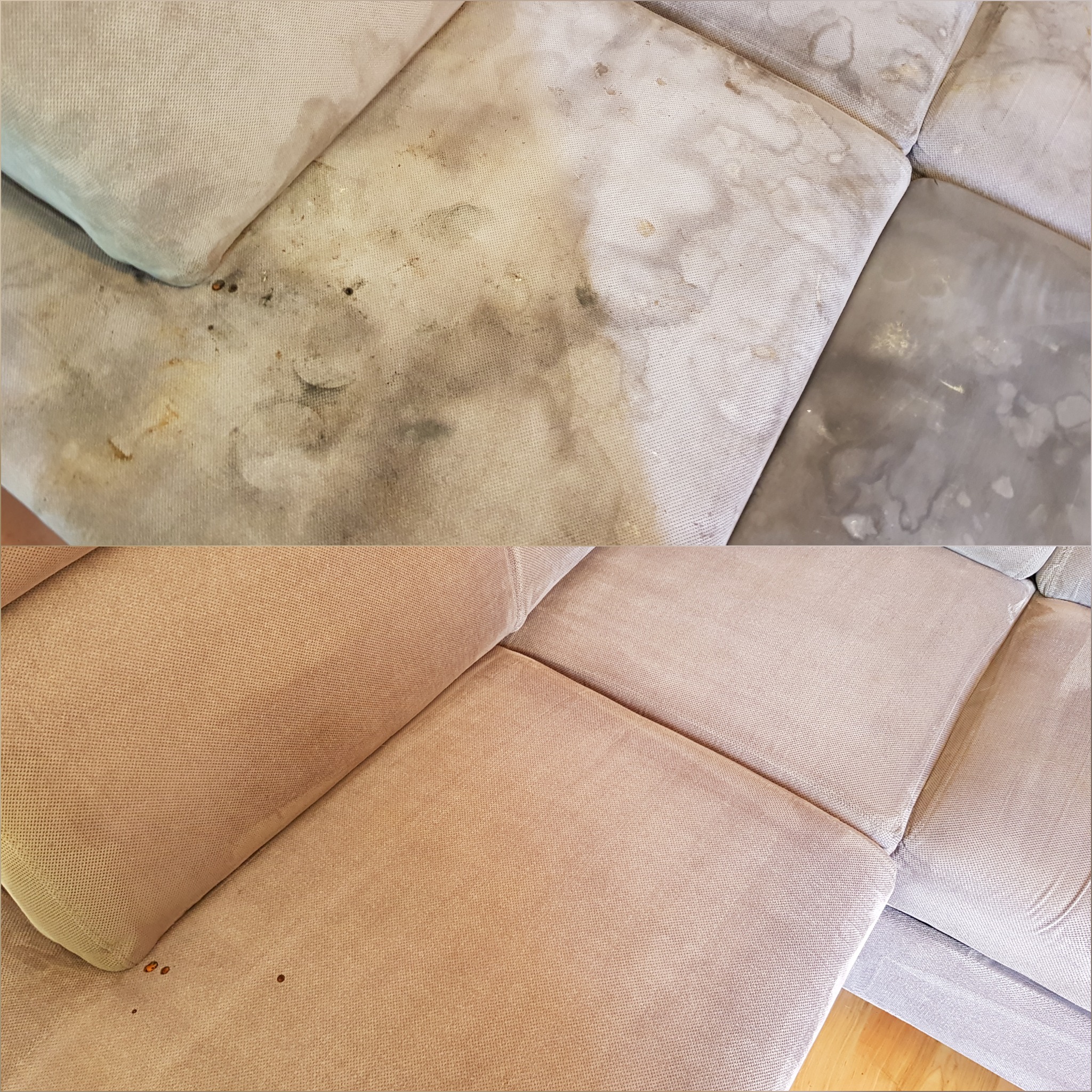 Porównanie: górna część sofy z widocznymi, ciemnymi plamami i zabrudzeniami, dolna część po czyszczeniu, prezentująca odświeżony, jednolity kolor tapicerki.