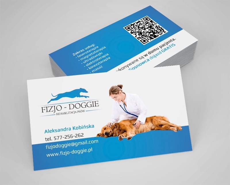 Stos wizytówek z informacjami o fizjoterapii psów, w tym zakres usług, dane kontaktowe Aleksandry Kobińskiej i logo Fizjo-Doggie z sylwetką psa w biegu.