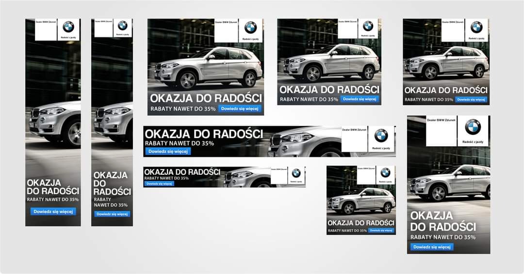 Zestaw banerów reklamowych prezentujących srebrny samochód BMW X5 z hasłem 'Okazja do radości, rabaty nawet do 35%' w różnych formatach i rozmiarach, z logo dealera BMW Zdunek.