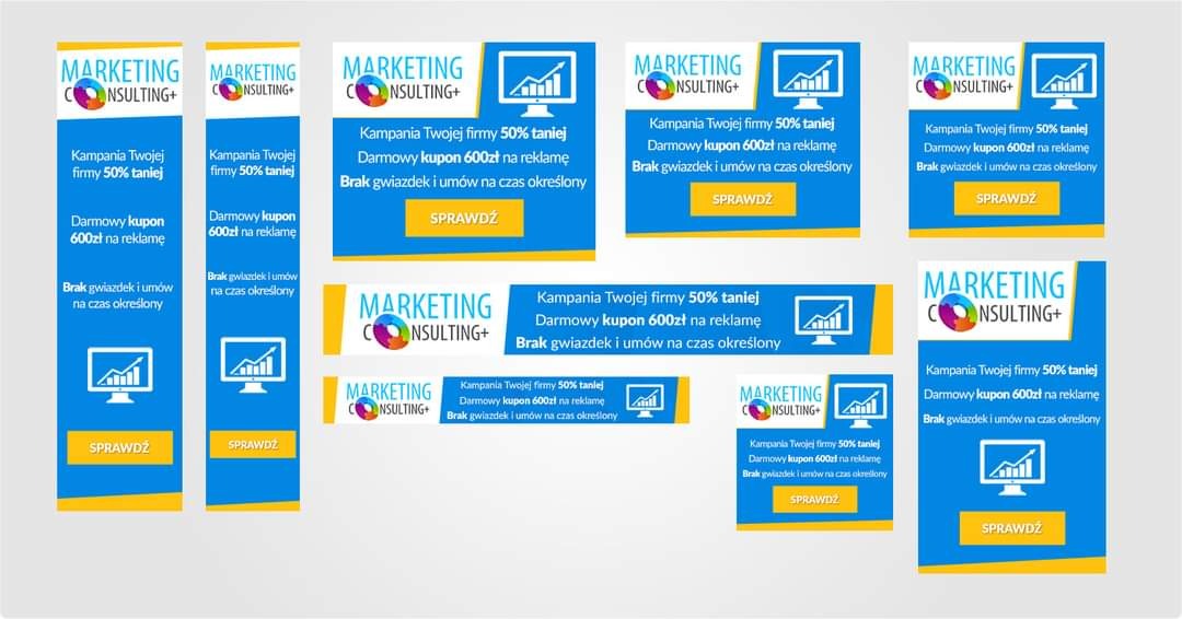 Zestaw niebieskich banerów reklamowych z hasłem 'Marketing Consulting+', oferujących 50% zniżki i darmowy kupon 600zł na reklamę, z ikoną wykresu wzrostu na monitorze.