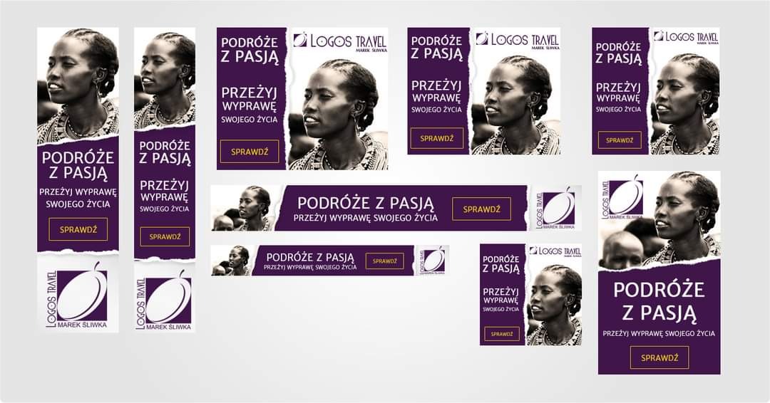 Zestaw banerów reklamowych w odcieniach fioletu i bieli, promujących biuro podróży 'Logos Travel' z hasłem 'Podróże z pasją. Przeżyj wyprawę swojego życia', prezentujący portret kobiety...