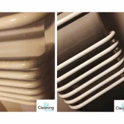 Porównanie stanu grzejnika łazienkowego przed i po czyszczeniu, widoczne zabrudzenia i efekt lśniącej czystości.