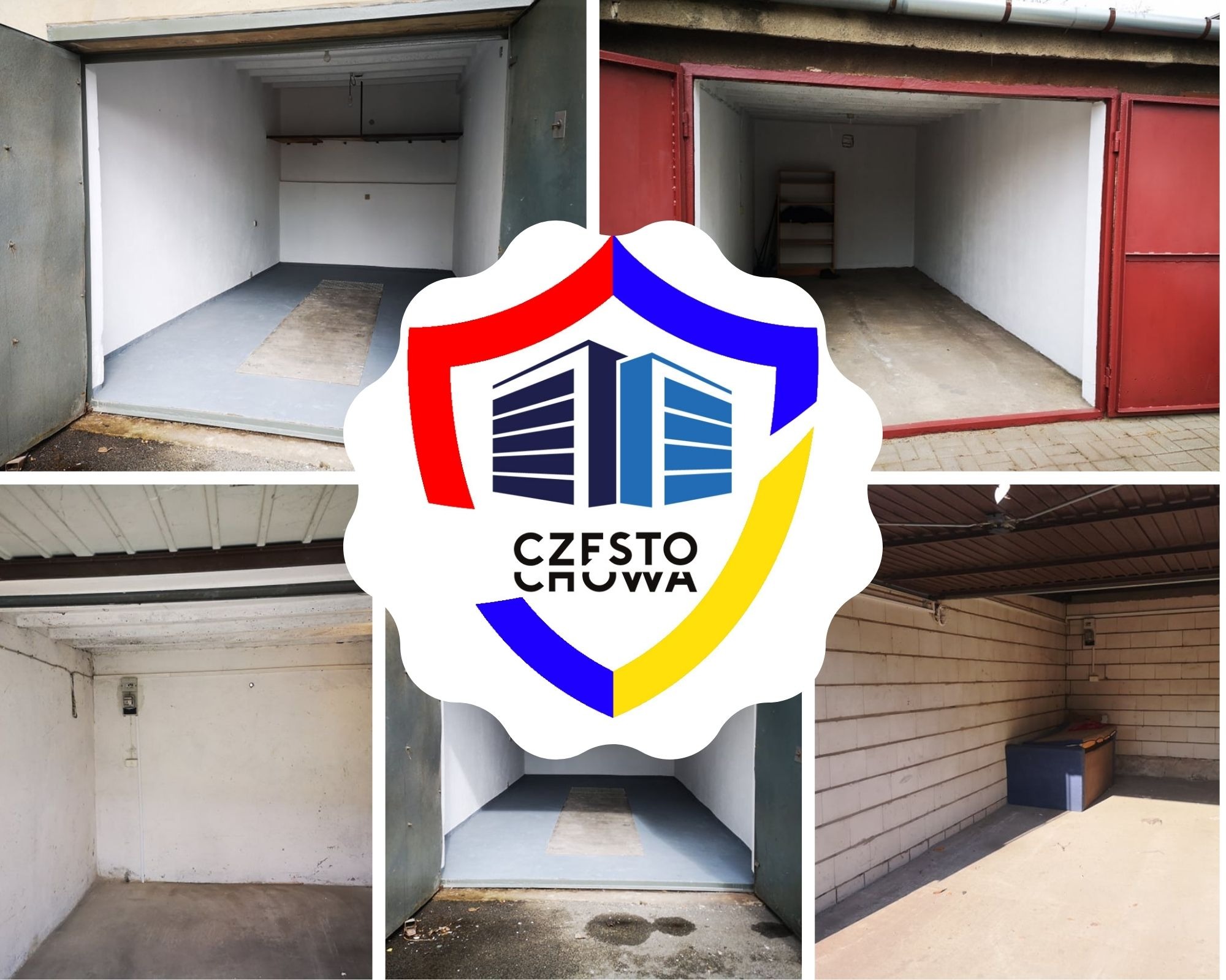 Kolaż czterech zdjęć pustych, odnowionych garaży z otwartymi drzwiami, nałożony na logo firmy z nazwą 'Czestochowa'.