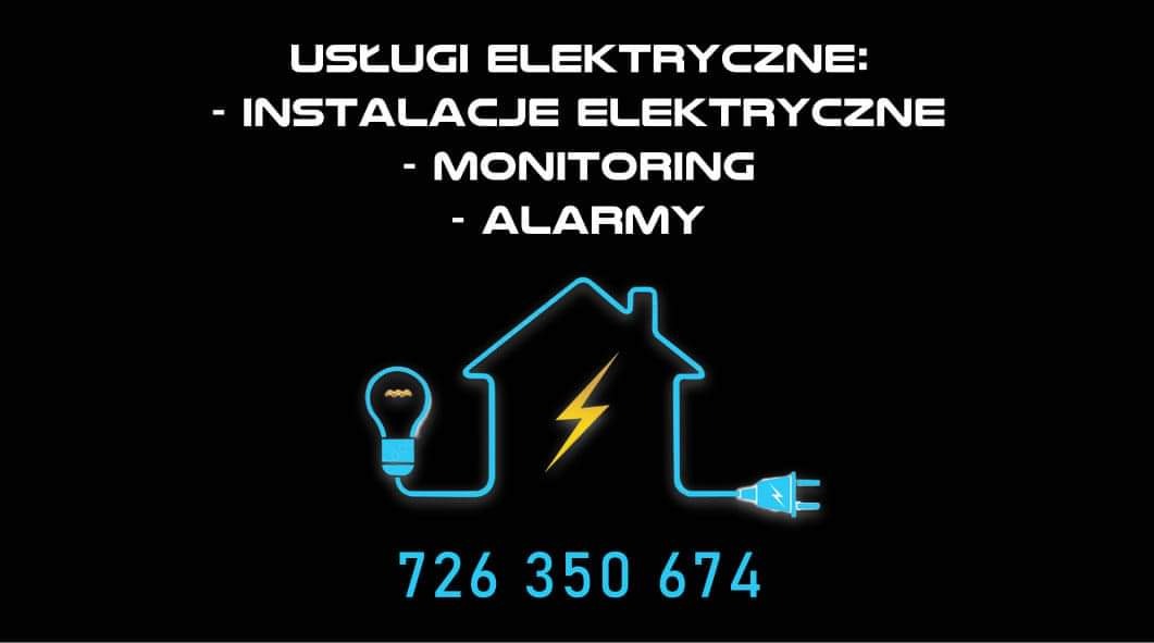 Grafika reklamowa usług elektrycznych: instalacje, monitoring, alarmy. Stylizowany na neon rysunek domu z błyskawicą, żarówki i wtyczki, numer telefonu na czarnym tle.