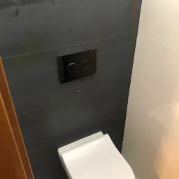 Nowoczesna toaleta podwieszana z czarnym panelem sterującym na ścianie wyłożonej grafitowymi płytami, kontrastująca z jasnymi płytkami po prawej stronie.