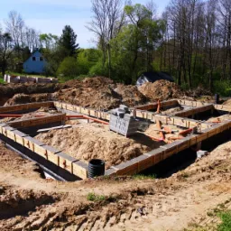 Wykop pod fundamenty domu jednorodzinnego z deskowaniem, z widocznymi rurami kanalizacyjnymi i stosem bloczków betonowych na tle zieleni.